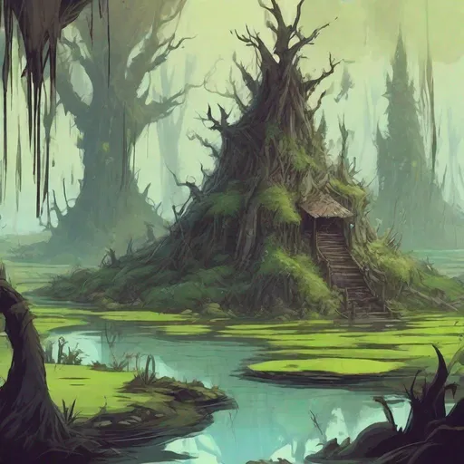 Prompt: fantasy swamp land, dungeons and dragons style
