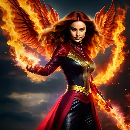 Prompt: High-resolution hyperrealistic photo of the dark phoenix merged with the scarlet witch, full-body, fiery phoenix aura, chaos magic, {holding the darkhold grimoire}, scarlet and ruby and gold costume, uhd, hdr, 64k
