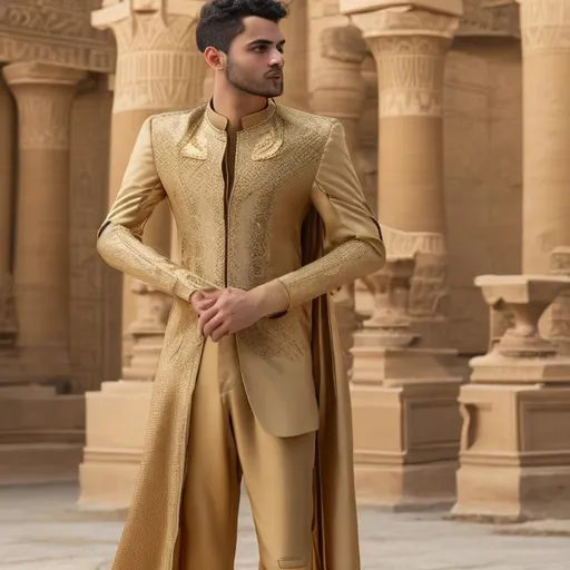 Prompt: A modern youth suit, golden color with Pharaonic engravings