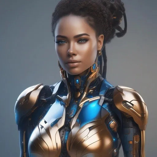 Prompt: a beautiful female cyborg, realistic proportions, correct proportions, detailed blue, black, gold, copper, jade tinted