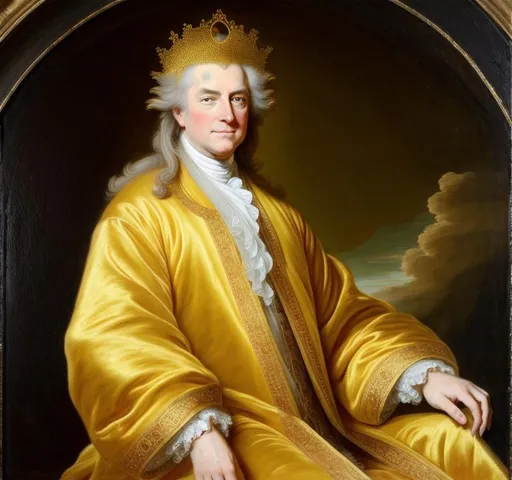 Prompt: 18th century painting, king, flowing golden hair, trump, extravagant robe, smirk