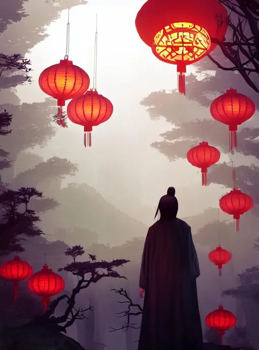 Prompt: misty fantasy town, athmospheric, plants, high towers, asian vibes, rocky, dramatic lighting, chinese long haired warrior, unreal engine red lanterns, backlit, old gnarly tree