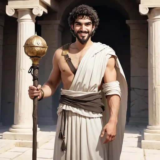 Prompt: Full body, Fantasy illustration of a male Greek, 26 years old, oliv skin, greek toga, curly black hair and beard, kind expression, friendly smile, holding a wooden wizard staff, high quality, rpg-fantasy, detailed, ancient Greek Agora, illustrated, art, painting 