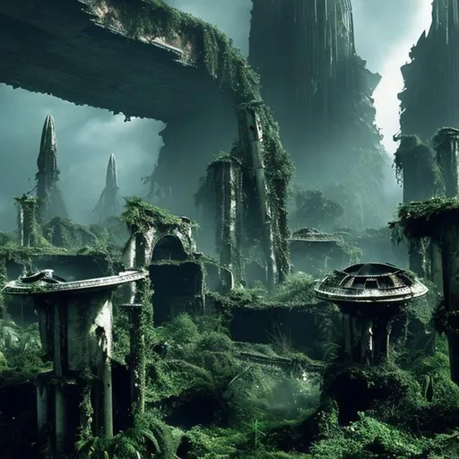Prompt: The bombarded ruins of an alien city, partially overtaken by the jungle, in the style of Star Trek. {Star Trek: The Next Generation}