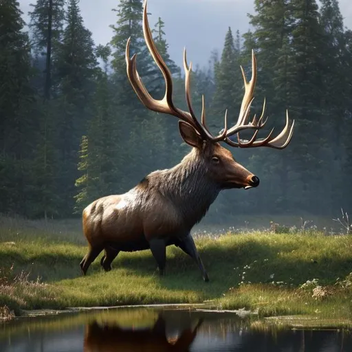 Prompt: A Massive God-Elk emerging from a pond