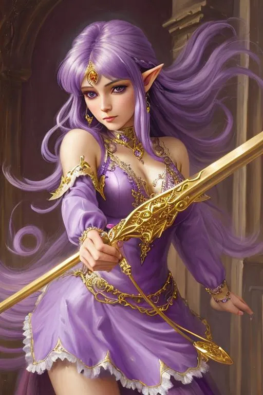 oil painting of a purple hair elf princess wearing... | OpenArt