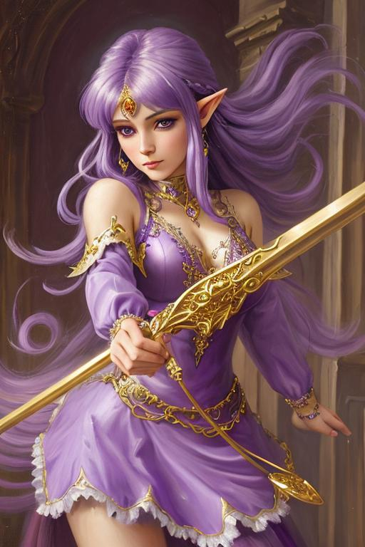 oil painting of a purple hair elf princess wearing... | OpenArt
