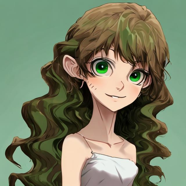 anime girl with curly brown hair and green eyes