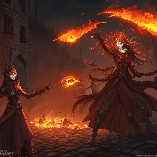 Prompt: a female fire mage at night is attacked by undead in a medieval city 