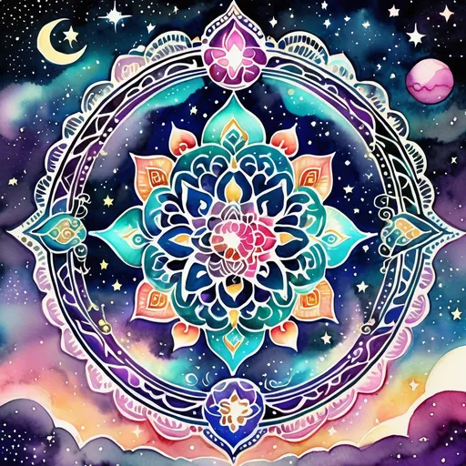 Prompt: Kawaii watercolor a galactic night sky decorated with Henna art inspired patterns, embellishments and Flourishes, bright vibrant colors, Highly detailed, popping vibrant colors, Gradient Colors, Intricate details, Highly textured, spiritual symbols of mandalas with Hindu, Buddhist, Jainism, Shinto, Bengali, Celtic, and Arabic geometric patterns