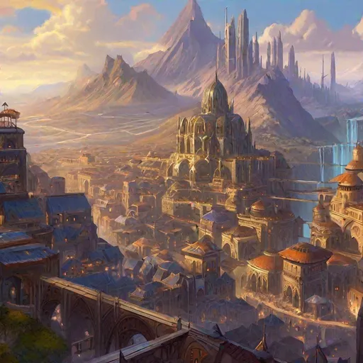Prompt: A vast  scifi city with a great zigurrat in background. D&D art, RPG art. Fantasy Art. Pathfinder Art