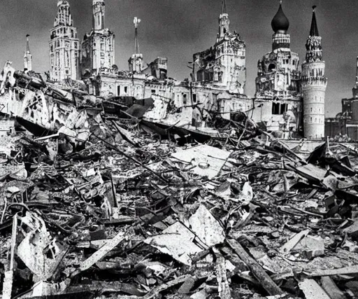 Prompt: destroyed Kremlin buildings after nuclear explosion in Moscow