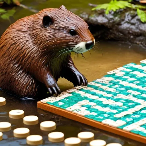 Prompt: a beaver filling a dam with scrabble tiles
