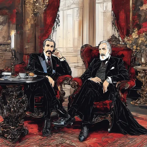 Prompt: (Christopher Lee talking to Vincent Price), Black and White pen and ink sketch style, dark color scheme, elegantly gothic attire, intricate details, dim lighting, dramatic shadows, opulent background, luxurious textures, ornate furniture, deep reds and blacks, baroque patterns, solemn atmosphere, rich color tones, dark romanticism, ultra-detailed, 4K, photorealistic masterpiece, timeless elegance.