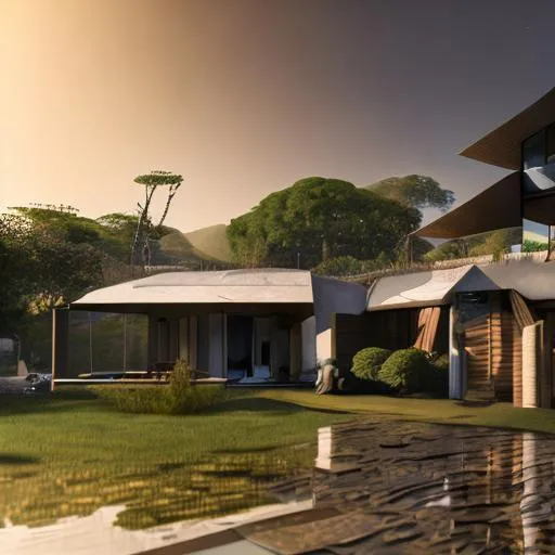 Prompt: modern design of beautiful detailed  2 story family house with a copper roof and intricate and artistic congolese minerals details with elements of precolonial Congolese inspiration inmodern kinshasa, volumetric natural light wakanda style, cinematic light, ultra realistic, vray, far view, perspective landscape