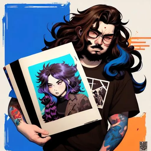 Prompt: a colorful comic noir illustration painting of a large scruffy boy by sachin teng and sam yang! in style of digital art, symmetry, sci fi, hyper detailed. octane render. long wavy brown hair, tattoo, grunge, warm,  holding a colorful comic noir illustration painting of a blue haired girl