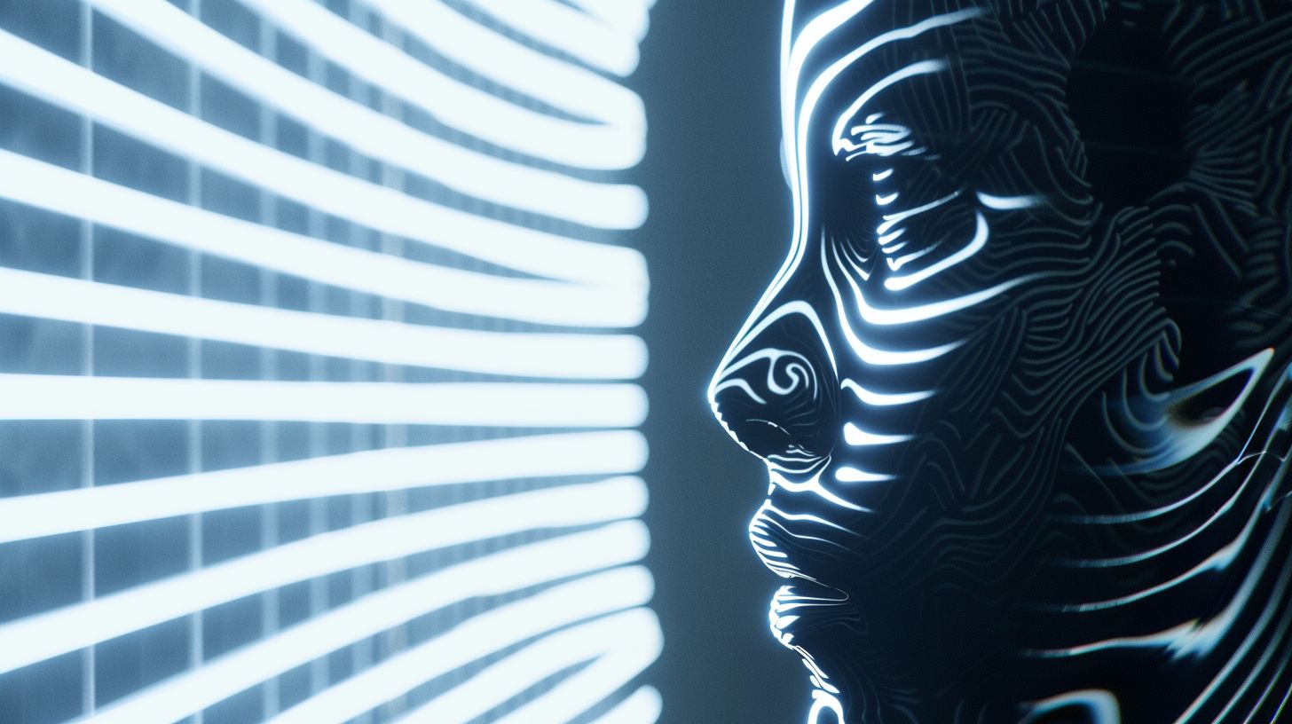 Prompt: person, face with lines, hologram, unsplash, abstract, light through blinds, profile image, the ghosts in the machine, three-dimensional, op, brain, high resolution, shadowed, light silver and dark navy, mind-bending patterns, futuristic robots