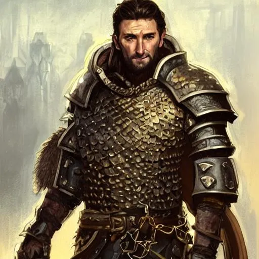 Prompt: realistic portrait of a dnd male paladin wearing chain mail portrayed by richard armitage, D&D, shorter brown hair, brown eyes, highly detailed, concept art, smooth, art by artgerm and greg rutkowski and alphonse mucha and simon stalenhag, ambient lighting, fantasy