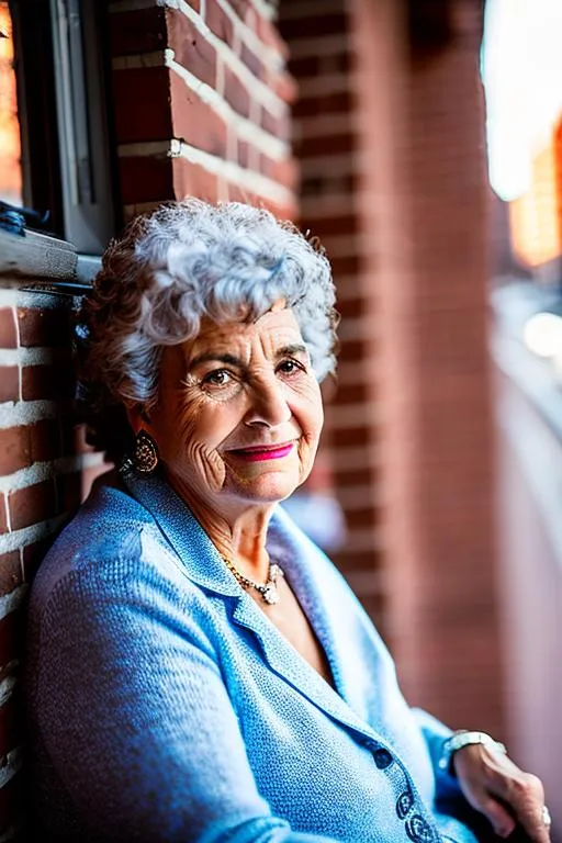 Prompt: An old Italian American woman leaning on a pillow on a windowsill  looking out of a brick tenement building in Brooklyn. She's watching the street life on the sidewalk below. Award winning photograph. 4k, HD, photorealistic 