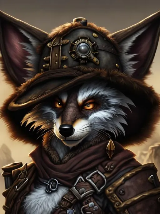 Prompt: Portrait of a Vulpera, fennex fox, grey and brown fur, World of Warcraft, pirate hat, steampunk, 8k, high definition, hyperrealist, fantasy.