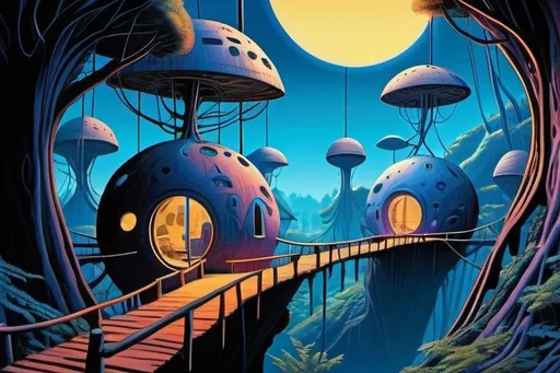 Prompt: An alien settlement of spherical clay primitive houses suspended in blue forest canopy, with rickety bridges between them, with mysterious lights  in houses, psychedelic imagery, in style of Moebius, comic illustration 