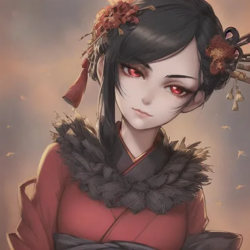 Prompt: best quality:1.2), 1girl, solo, black hair, cute, finely detailed, detailed face, toned face, beautiful detailed eyes, beautiful detailed shading, beautifully detailed background, red eyes, fallen leaf, autumn, red kimono, flower hair ornament