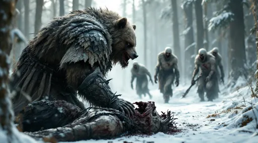 Prompt: (Full body fantasy scene showing a snowy forest in Anton Pieck style.) A werebear is rushing from the background towards a group comprised of a sinister looking group of four sickly decaying cadaverous zombies. Werebear has Bruton White and pashmina leather armor, with charcoal grey and ebony fur. The mangled remains of two other zombies are near the feet of the werebear. (Highly detailed scene, 4k, midday winter lighting.)