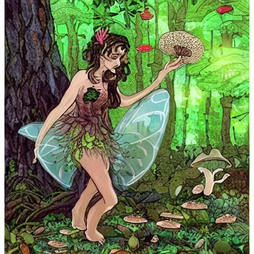 Prompt: a faerie foraging for mushrooms in the woods.