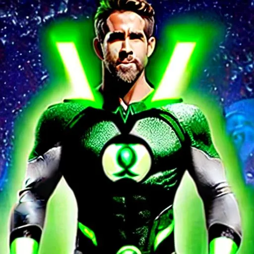 Prompt: Hal Jordan Ryan Reynolds Inspired, Green-Glowing-Cape floating in deep outer-space 