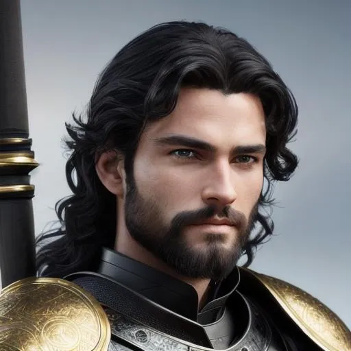 Prompt: Very Detailed Photo of a handsome young-adult human male warrior in a polished black breastplate, glossy black wavy styled hair and slight beard, very detailed indigo eyes, with a medieval black quarterstaff with a few gold rings around it in left hand, looking off center at camera, UHD, 8K, realism, correct
