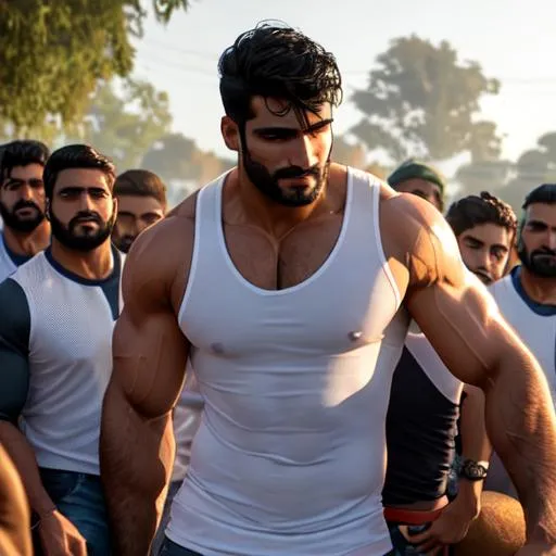 Prompt:  (wet "gujjar  kanpur" tall rugged hypermasculine muscular hunk in white "tank top") hugging a ( tall rugged hypermasculine muscular hunk  "gujjar haryanvi" in jeans "sportswear") inside a  delhi bright crowded village field with heads of people. pov shot, arena, perfect composition, hyperrealistic, super detailed, 8k, high quality, trending art, trending on artstation, sharp focus, studio photo, intricate details, highly detailed, 