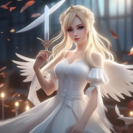 Prompt: 3d anime woman angelic blonde hair and white dress with a knife and beautiful pretty art 4k full HD