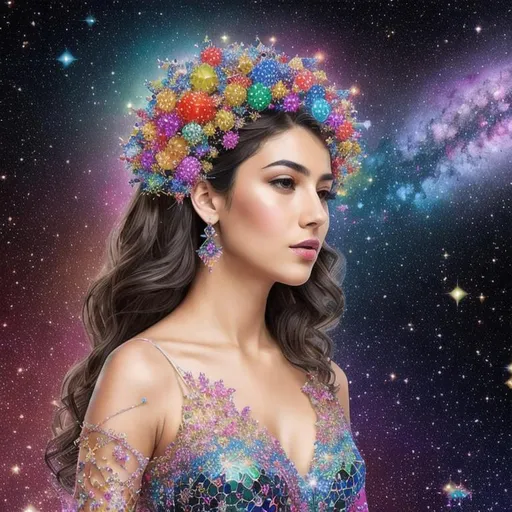 Prompt: multi colored julia clusters Fractal exists in the background knowledge of the multi colored voronoi surrounding the stars foreground knowledge of the world in A beautiful fantasy woman fully dressed,  glossy lips, highly detailed full body, just one head, long flowing black balayage hair, figure, shimmery background with stars and julia clusters newton fractals, crown on head, epic composition, ultra wide-shot, dynamic pose, concept art, dramatic lighting, digital painting, smooth, character design, ((sharp focus))