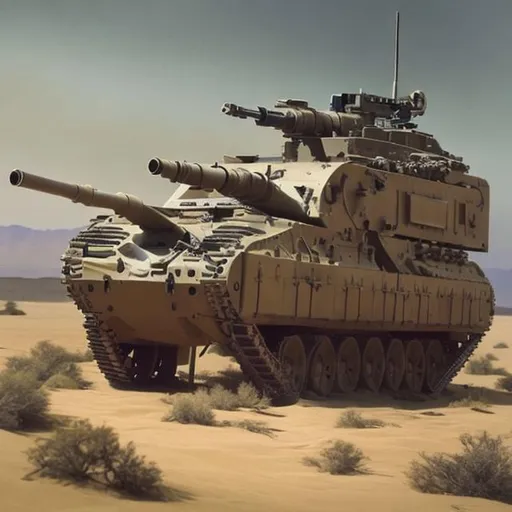 Prompt: desert, tracked vehicle, army tank, ball turret machine guns