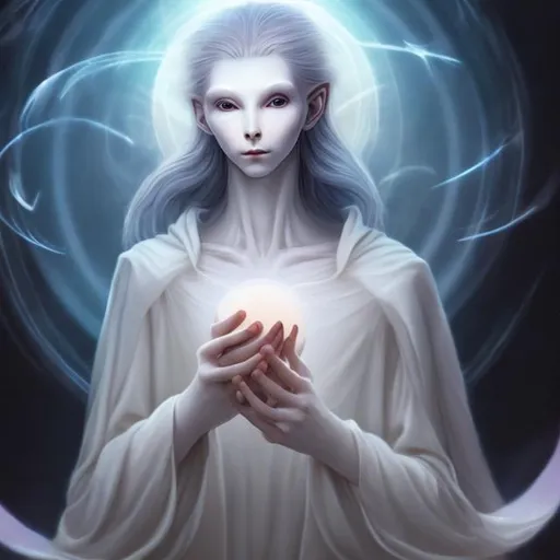 Prompt: etherial, soft, benevolent androgynous ALIEN, pale skin, soft expression, holding an orb, surrounded by celestial