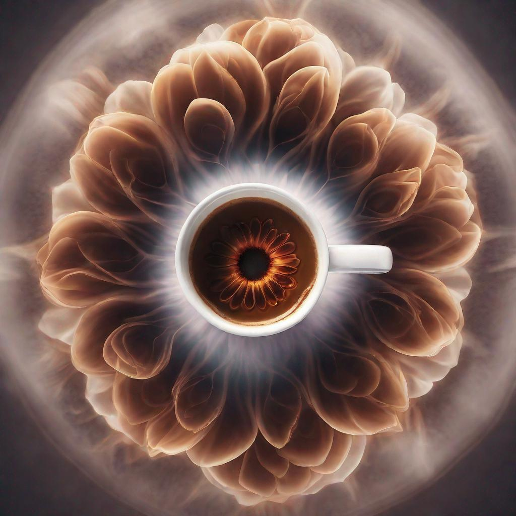 Surreal digital art of hot coffee disk florets emerging from the center of a flower dreamlike high