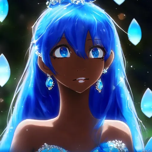 Prompt: Anime, Princess, Blue eyes, Blue Ballgown, Blue Topaz earrings, brown skin, HD, 4k, High Quality, Effects.