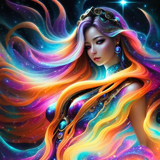 Prompt: Cosmic Epic Beautiful Nebula (Beautiful melancholy {goddess}female liquid satin}), hyper realistic, expansive psychedelic background, hyper realistic, 8K --s99500