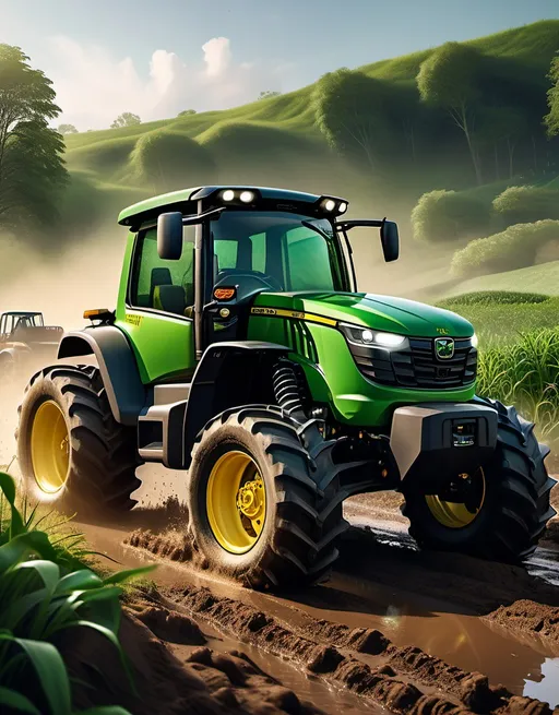 Prompt: (illustrative image of a john deere tractor), robust off road vehicle, rugged exterior with strong Tesla Cybertruck -inspired elements, dynamic pose highlighting versatility, tires muddy from offroading, background featuring flat terrain with lush greenery, warm sunlight illuminating the scene, adventurous atmosphere, high detail, ultra-detailed, HD, captivating composition emphasizing strength and capability.