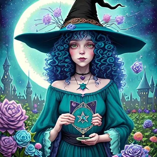 Prompt: witch with curly teal hair, using tarot cards, wearing witch hat, cute, flowers, aesthetic, pastel, fairycore, disney, pixar, moon, stars, witchcraft, in a starry pastel sky,  garden, sweet, dreamy, award winning illustration, artstation, highres