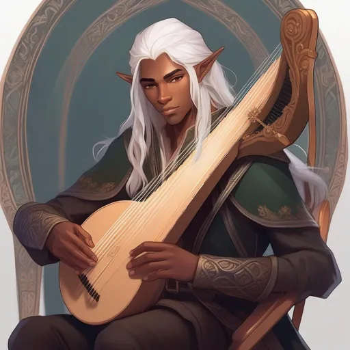 Prompt: A young elf bard with long white hairs and dark skin. He play an harp, has a sword on the left side and sits on a coach.
Smooth skin, detailed, well draw face. Rpg art. 2d art. 2d.