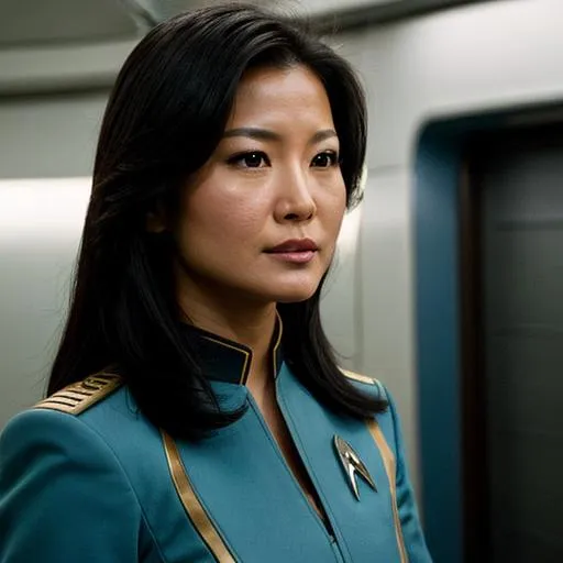 Prompt: Kelly Hu in a Starfleet uniform. {Star Trek: The Next Generation}