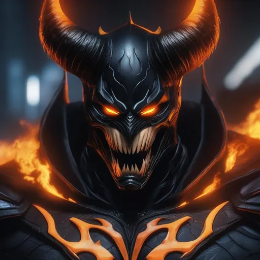 Prompt: a death knight with a Venom mouth (Venom movie), with horns forward on his forehead, orange fire eyes, staring at batman from DC comics, Hyperrealistic, sharp focus, Professional, UHD, HDR, 8K, Render, electronic, dramatic, vivid, pressure, stress, nervous vibe, loud, tension, traumatic, dark, cataclysmic, violent, fighting, Epic