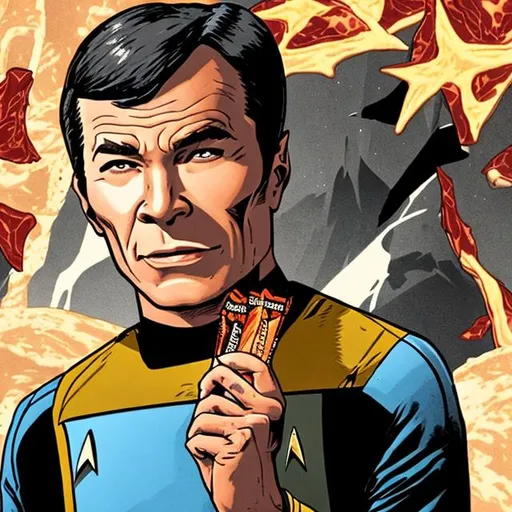 Prompt: modern picture of a Star Trek character enjoying a package of beef jerky 