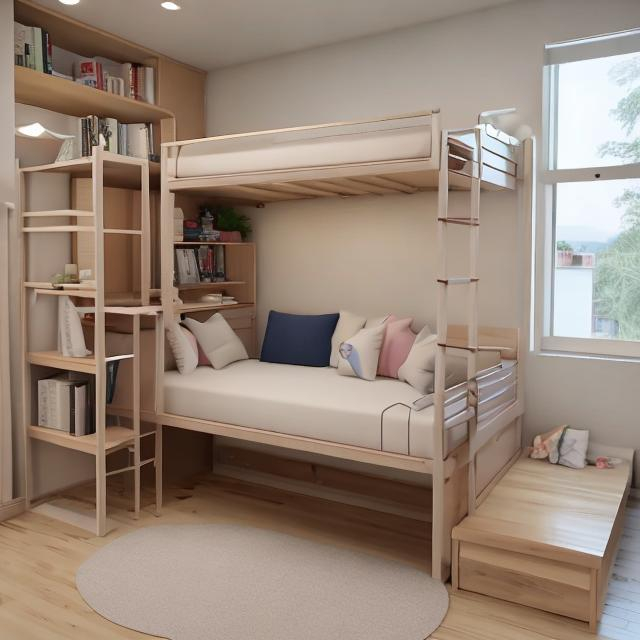 A bed on top and a study table below it | OpenArt