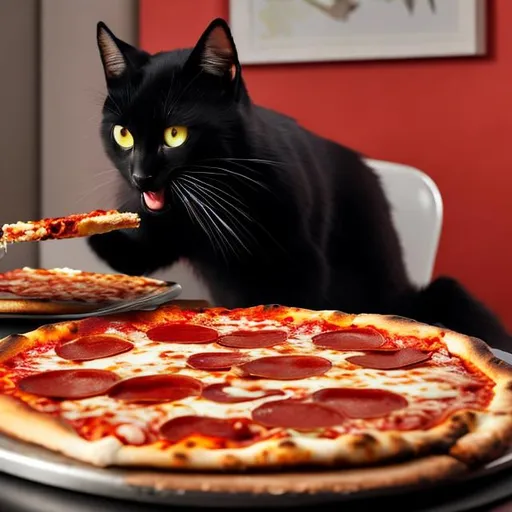 Prompt: A black cat eating pizza