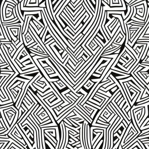 Prompt: a black and white coloring page of Māori tribal pattern with intricate scrollwork with curves and pointy lineart