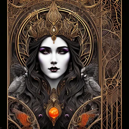 Prompt:  black and white art Nouveau + cyberpunk style with gorges goddess of life and death head that has golden black orange and purple crest on forehead and colorful Calibri birds in back ground, cinematic, ultra realistic, super detailed, digital art