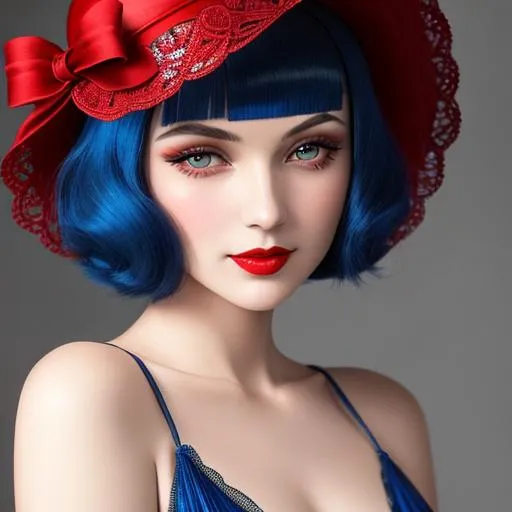 Prompt: a pretty girl  dressed in blue,  flapper, wearing a  large red hat 1920's era, bob hair cut, 1920's era makeup, facial closeup