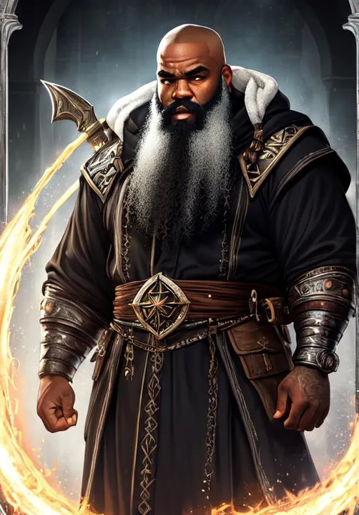 Prompt: UHD, , 8k, high quality, poster art, (( Aleksi Briclot art style)), Kimbo Slice, hyper realism, Very detailed, full body, dwarf, cleric, dungeon and dragons, silver beard, healing magic, silver hair, dark eyes, white robes,  mythical, ultra high resolution, light and shading in 8k, ultra defined. 